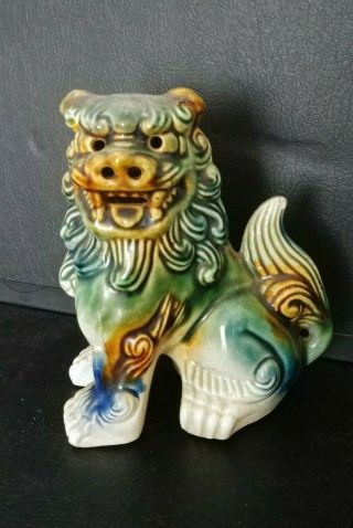 Antique Hand Painted Green Glazed Pottery Chinese Foo Dog - Lion Statue - 5.  5 "