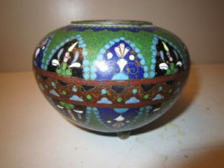 Antique Chinese Cloisonne Bowl With Green Ground & Copper Glitter
