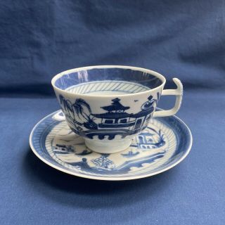 Antique Chinese Export Blue And White Porcelain Canton Cup And Saucer