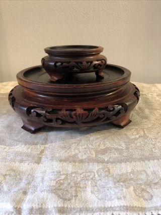 2 Vintage Chinese Carved Wood Vase Plant Stands Round Ornate One Lg One Sm