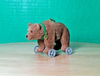 1999 Hallmark Christmas Ornament Flocked Bear On Wheels Looks Like Vintage Toy