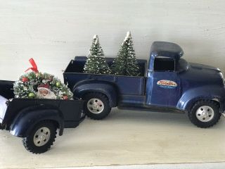 Vintage 1950’s Tonka Toys Truck & Trailer Blue Metal Christmas Decor