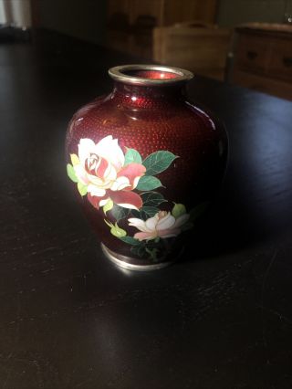 Japanese Cloisonne Vase Pigeon Blood Red W/roses & Leaves 4” Stamped