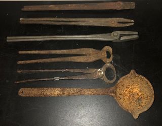 6 Vintage Blacksmith Forge Anvil Tools Tongs Ladle Nippers 20”