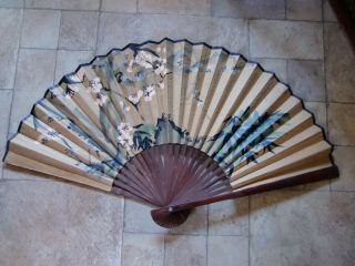 Large Vintage Chinese Hand Painted Fan Hanging Wall Display