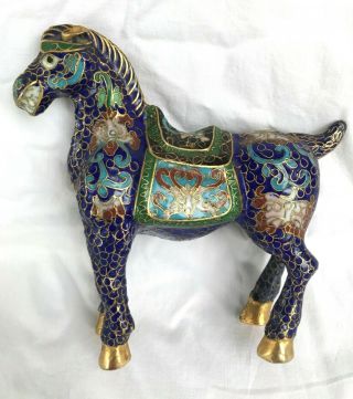 Vintage Chinese Cloisonné Horse Saddle Cobalt Blue Enamel Teeth Pinned Ears