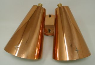 Vintage Mid Century Modern Double Cone Copper Wall Sconce Light Lamp Mcm