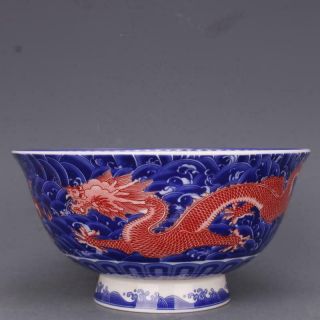 Collect China Jingdezhen Blue And White Porcelain Famille Rose Two Dragon Bowl