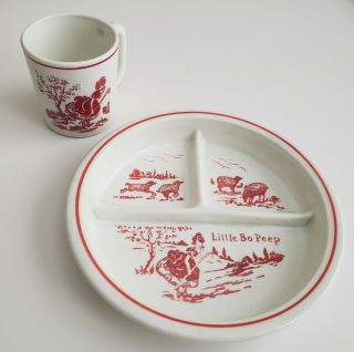 Vintage 1940s Vitrock Little Bo Peep Milk Glass Child Plate & Mug Cup White/red