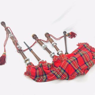 Red Blue Tartan Plaid Bagpipes 22 " Bag Rosewood Silver Accents Vintage