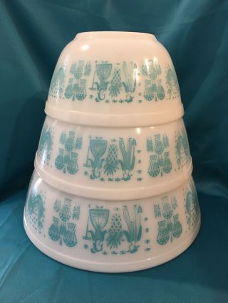 Vintage Pyrex Amish Butterprint Turquoise On White Bowl Set Of 3 - 402 403 404