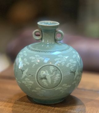 Vintage Korean Celadon Ceramic Vase Cranes,  Circles,  Clouds Crackle Glaze
