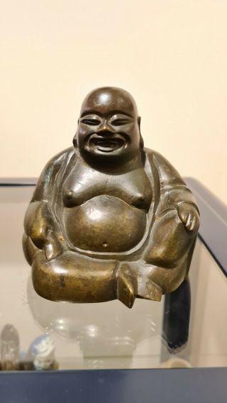 Patinated Brass Or Bronze Chinese Vintage? Statue Of A Laughing Buddha 10cm High