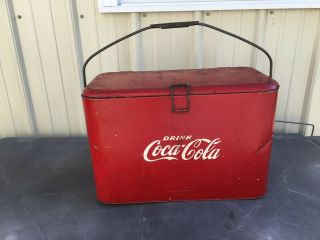 Rare Vintage 1950s " Coca Cola " Metal Picnic Cooler.  With Rare Insert