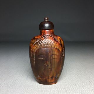 Chinese Antique Horns Hand Carved Double - Sided Buddha Overlay Snuff Bottle