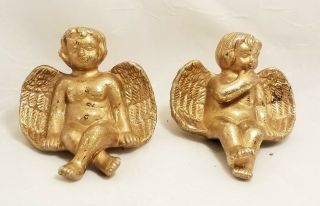 Pair Cherubs Angel Figurines Shelf Sitters Gold Painted Ceramic Set Of 2