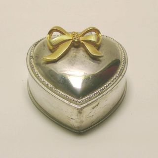 Heart Shaped Vintage Silverplate Trinket Box W/gold Bow Jewelry Red Velvet Lined