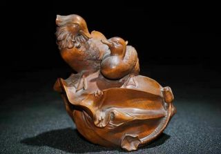Chinese Natural Boxwood Hand Carved Exquisite Mandarin Duck Statue 60159