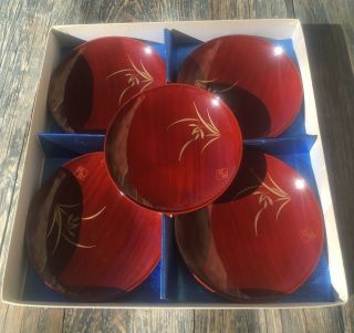 Vintage Japan Lacquerware Set Of 5 Red & Black Small Round Sushi Plates