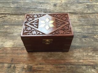 Vintage Hand Carved Wood Jewelry Trinket Box Brass Inlay Accents Hinged