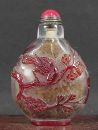 Chinese Plum Blossom Bird Carved Peking Overlay Glass Pendant Snuff Bottle