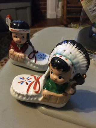 Vintage Native American Indian Children In Moccasin Shoe Salt & Pepper Shakers