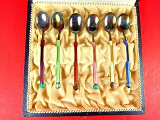 Theodor Olsens Sterling Silver Set Of 6 Vintage Demitasse Enamel Spoons
