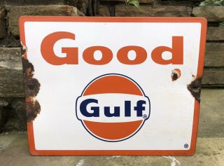 Vtg 1960s Gulf Good Gulf Gas Pump Plate Porcelain Sign Gas Service Station Ad