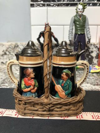 Vintage German Beer Stein Salt And Pepper Shakers In Basket