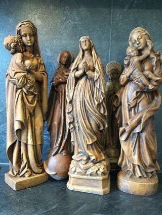 Antique Set Of 5 French Vintage Religious Statue Mary Madonna & Child