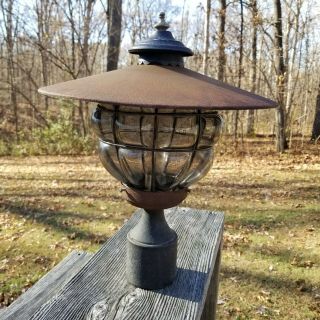 Vintage Outdoor Pole Post Light Lamp Smoke Bubble Caged Glass Shade Mid Century