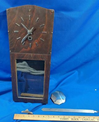 Antique - Vtg Craftsman Mission Arts & Craft Wood Wall Clock Key Silver Pendulum