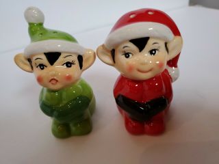 Vintage Red And Green Pixie Elf Elves Salt & Pepper Shakers Made In Usa