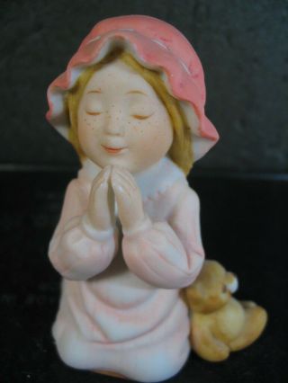 Holly Hobbie Miniature Series 1984 Girl Praying With Teddy Bear