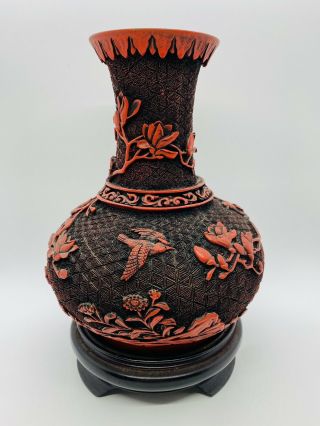 Vintage Chinese Carved Red Cinnabar Lacquer Jar Vase Flowers Birds Stand 7”
