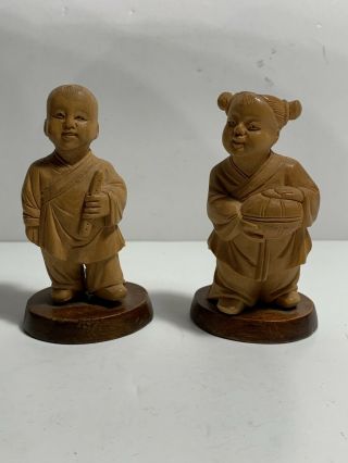 Antique Chinese Wood Carving Figures Sculpture Of Children Boy And Girl