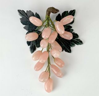 Chinese Export Polished Pink Rose Quartz Jade Leaf Grape Cluster Sculpture Tia