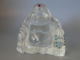 Fine Old Chinese Quartz Rock Crystal Buddha Turquoise Prayer Beads Carved Statue