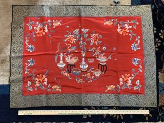 Old Chinese Kesi Embroidery Panel Featuring Vases