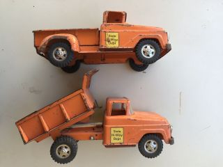 Vintage Orange Tonka Toys State Hi - Way Dept Pressed Steel Dump Truck & Pick Up