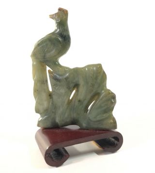 19th Century Chinese Green Jade Carved Phoenix Figure & Stand Qing Dynasty
