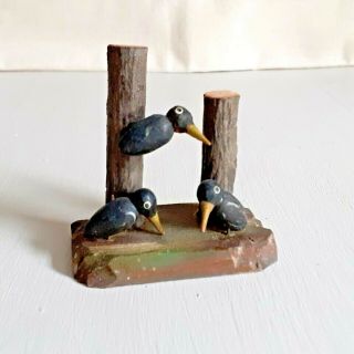 Rare Old Vintage Antique Miniature Painted Wooden Anri Toy Crow Bird Folk Art