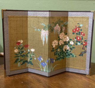 Vintage 4 Panel Japanese Byobu Hand Painted Silk Floral Scene