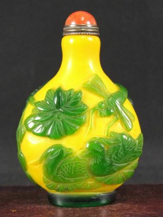Chinese Mandarin Duck Dragonfly Carved Peking Overlay Glass Snuff Bottle