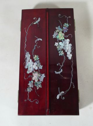Vintage Chinese Inlay Inlaid Grapes Mother Of Pearl Wood Red Lacquer Writing Box