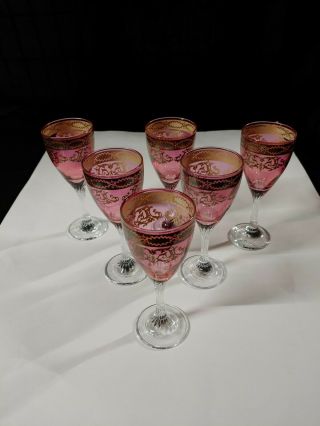Vintage Pink Cranberry Colored Wine Glasses Moser Style Bohemian - 6