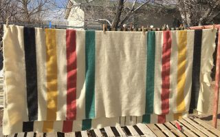 Vtg Flawed Hudson ' s Bay 4 Point Blanket Wool Stripe 68 x 82 Camp Cream 2