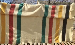 Vtg Flawed Hudson ' s Bay 4 Point Blanket Wool Stripe 68 x 82 Camp Cream 3