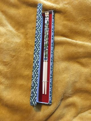 Vintage Chinese Cloisonné Enamel Chopsticks In Case