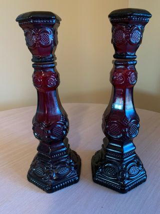2 - Vintage Avon 1876 Cape Cod Red Glass Candlestick Cologne Decanters Bottles